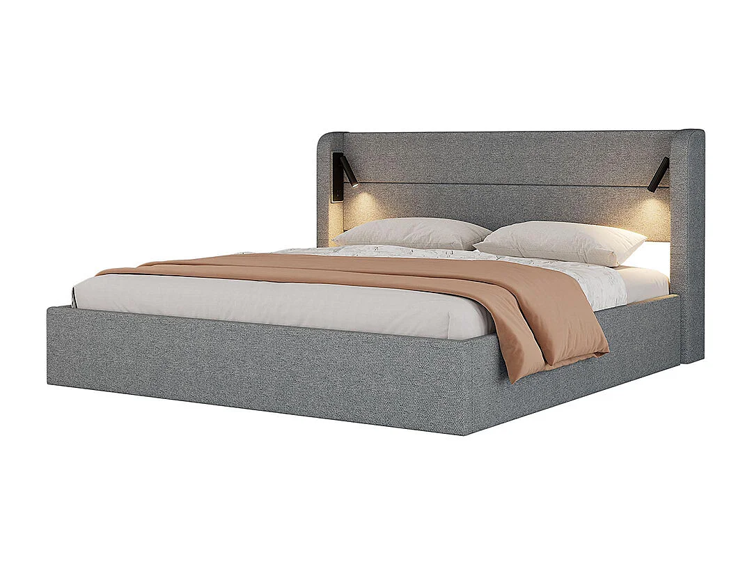 Lit coffre 180x200 cm lit rembourré lit double grand espace de rangement lit double éclairé avec lumière d'ambiance chenille Gris
