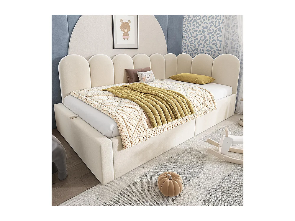 Lit coffre 90x190 cm lit de jour avec espace de rangement hydraulique lit enfant avec sommier à lattes métalliques velours Beige
