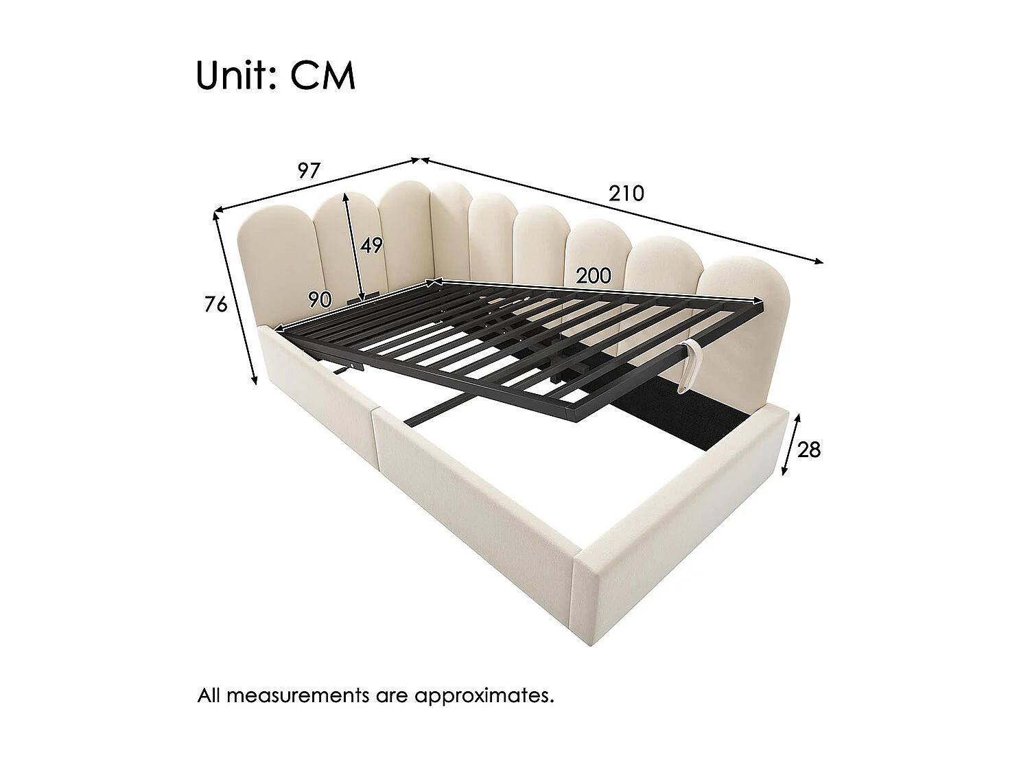 Lit coffre 90x200 cm lit de jour avec espace de rangement hydraulique lit enfant avec sommier à lattes métalliques velours Beige