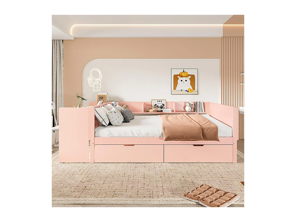 Lit avec tiroir Lit combiné 140x200 cm avec bureau équipé de 2 tiroirs lit double avec étagères pin+panneau de particules Rose