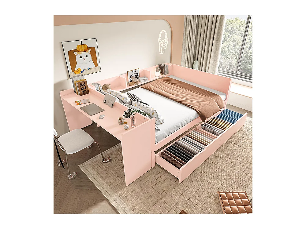 Lit avec tiroir Lit combiné 140x200 cm avec bureau équipé de 2 tiroirs lit double avec étagères pin+panneau de particules Rose