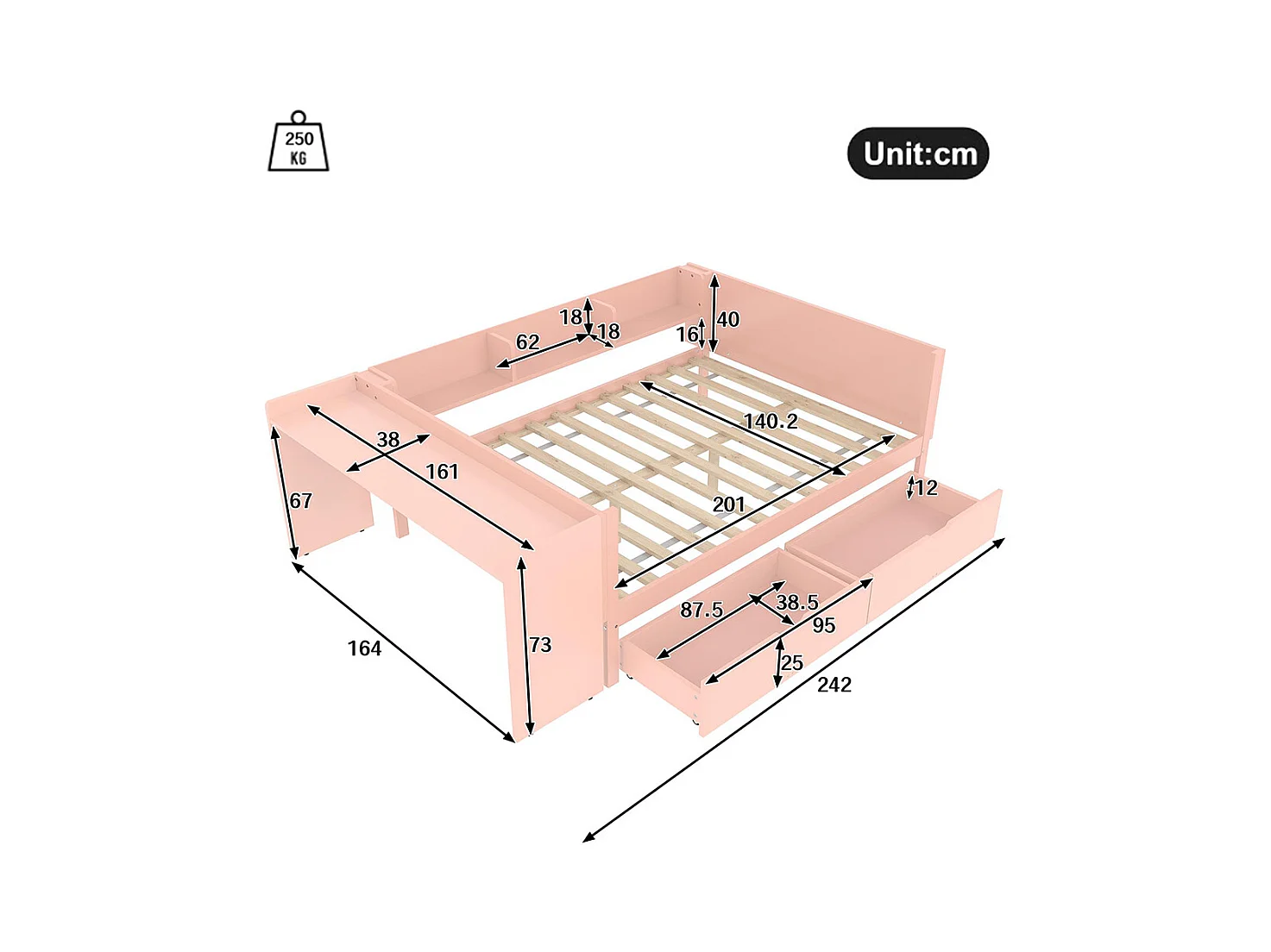 Lit avec tiroir Lit combiné 140x200 cm avec bureau équipé de 2 tiroirs lit double avec étagères pin+panneau de particules Rose