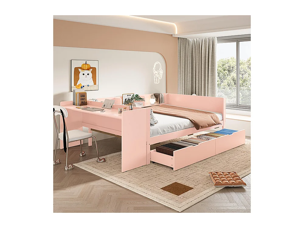 Lit avec tiroir Lit combiné 140x200 cm avec bureau équipé de 2 tiroirs lit double avec étagères pin+panneau de particules Rose