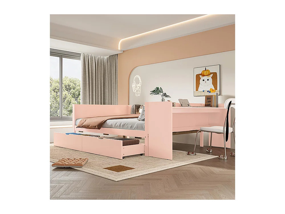 Lit avec tiroir Lit combiné 140x200 cm avec bureau équipé de 2 tiroirs lit double avec étagères pin+panneau de particules Rose