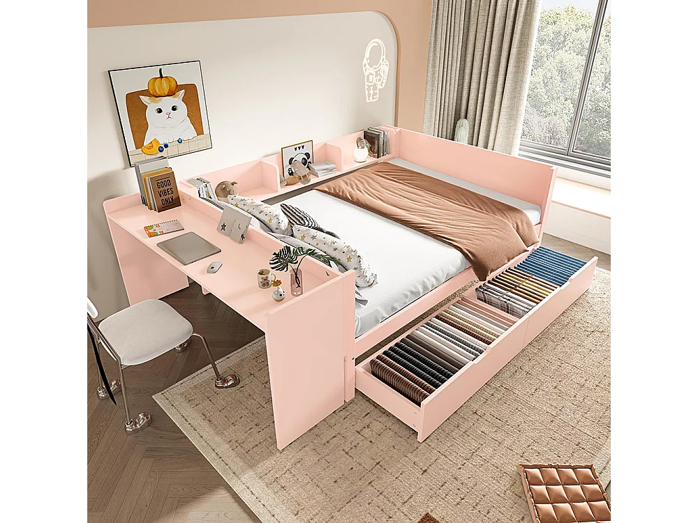 Lit avec tiroir Lit combiné 140x200 cm avec bureau équipé de 2 tiroirs lit double avec étagères pin+panneau de particules Rose