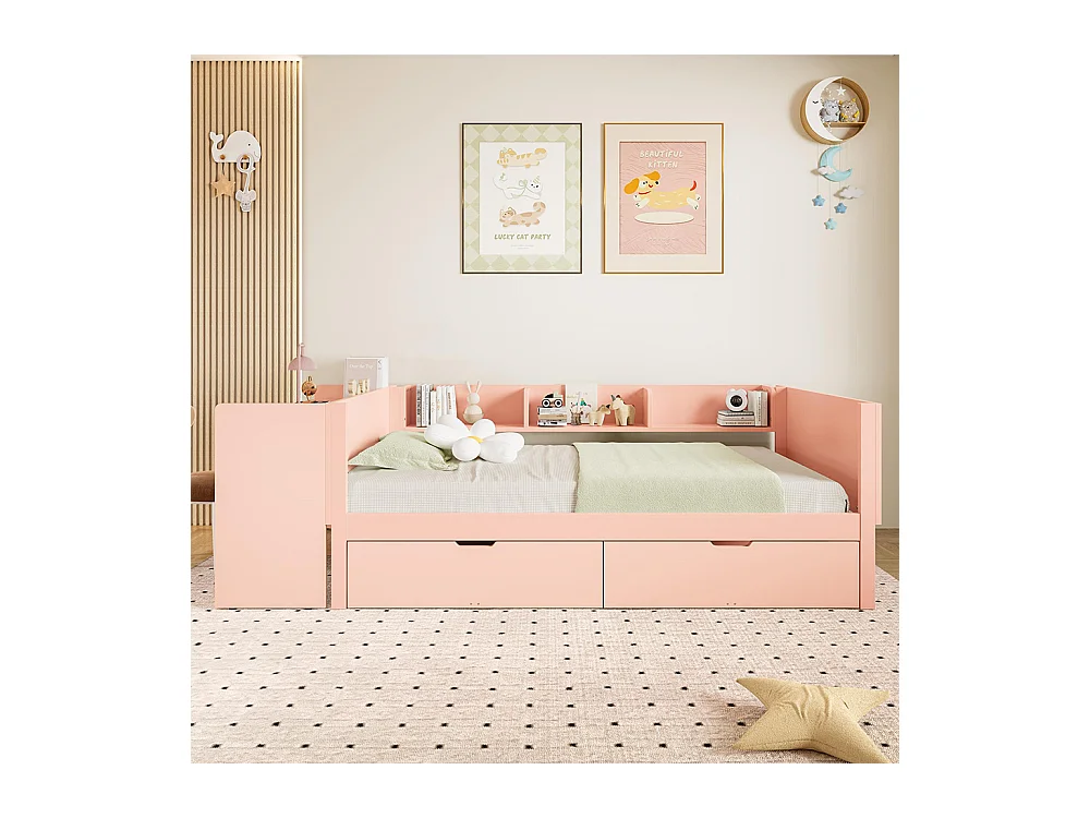 Lit avec tiroir Lit combiné 90x200 cm avec bureau équipé de 2 tiroirs lit simple avec étagères pin + panneau de particules Rose