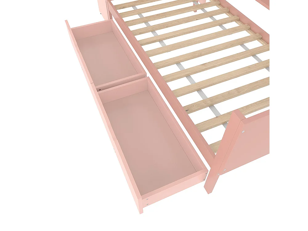 Lit avec tiroir Lit combiné 90x200 cm avec bureau équipé de 2 tiroirs lit simple avec étagères pin + panneau de particules Rose