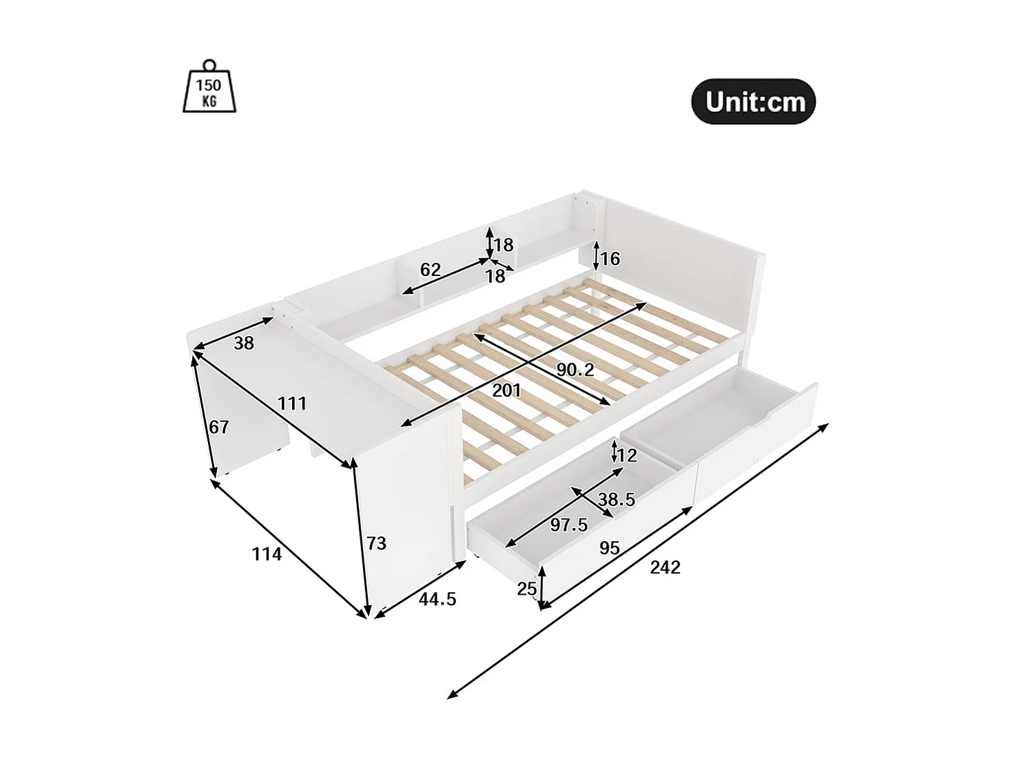 Lit avec tiroir Lit combiné 90x200 cm avec bureau équipé de 2 tiroirs lit simple avec étagères pin + panneau de particules Blanc