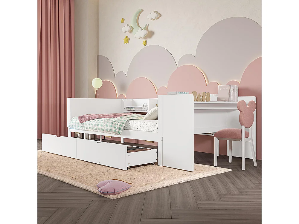Lit avec tiroir Lit combiné 90x200 cm avec bureau équipé de 2 tiroirs lit simple avec étagères pin + panneau de particules Blanc