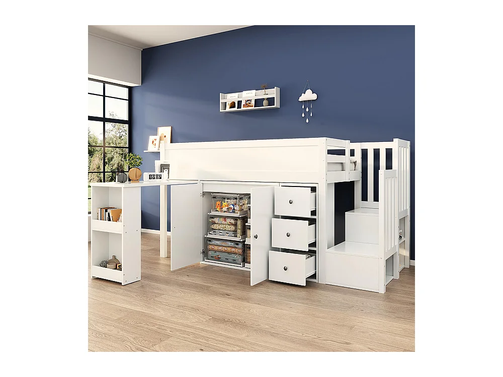Lit enfant combiné 90x200 cm avec bureau coulissant rangements latéraux armoire tiroirs et escalier intégré MDF Blanc