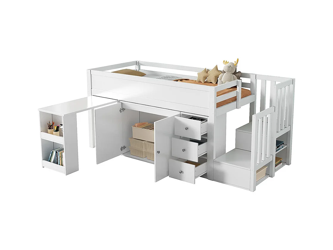 Lit enfant combiné 90x200 cm avec bureau coulissant rangements latéraux armoire tiroirs et escalier intégré MDF Blanc