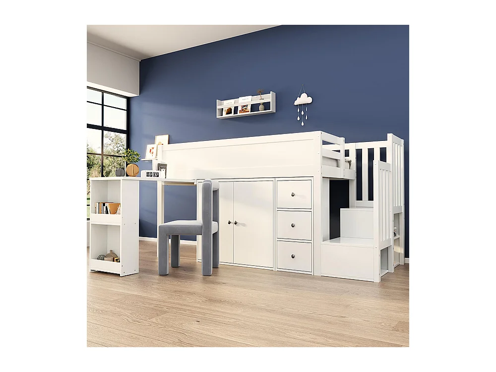 Lit enfant combiné 90x200 cm avec bureau coulissant rangements latéraux armoire tiroirs et escalier intégré MDF Blanc