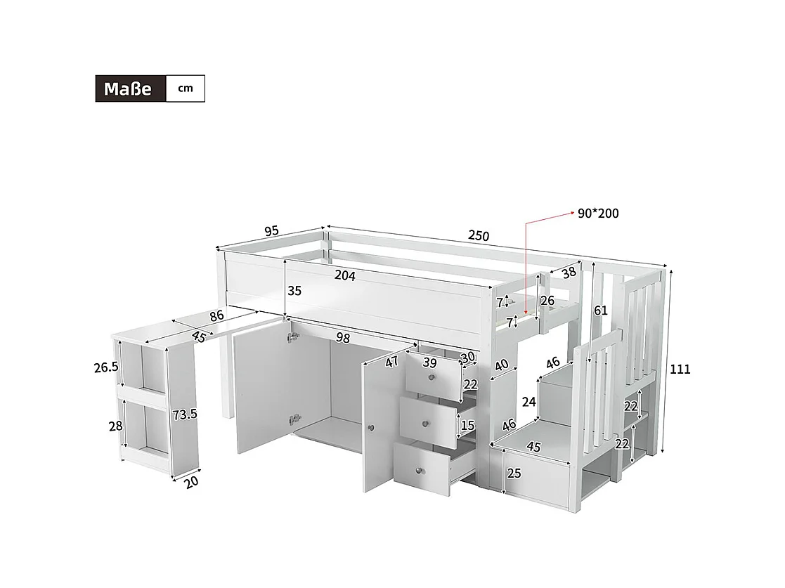 Lit enfant combiné 90x200 cm avec bureau coulissant rangements latéraux armoire tiroirs et escalier intégré MDF Blanc