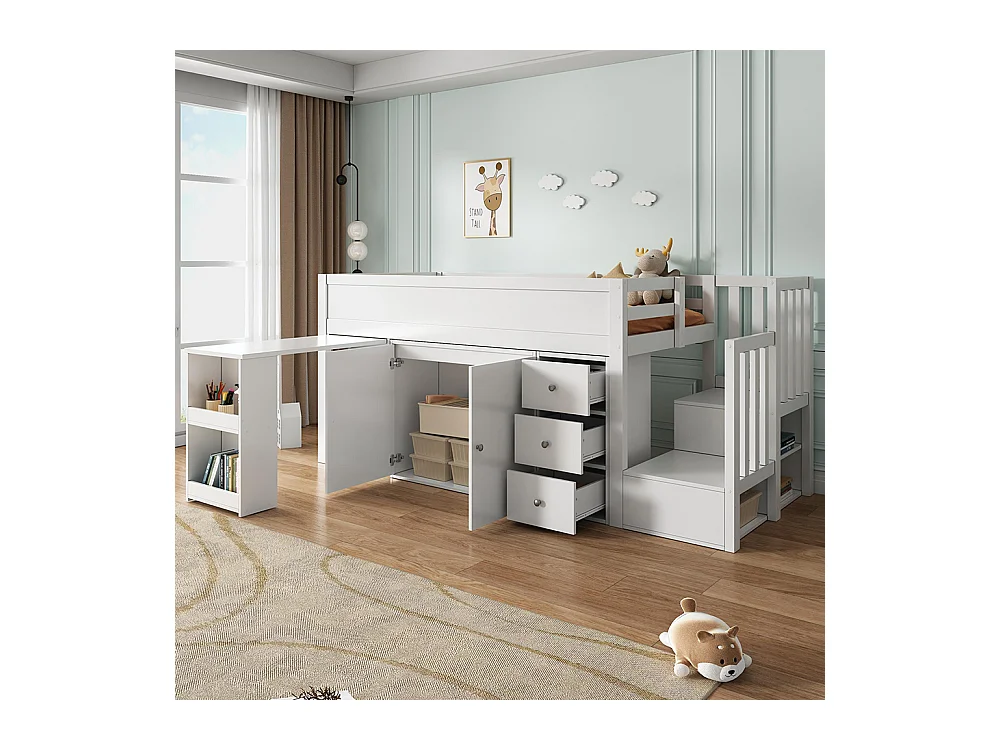 Lit enfant combiné 90x200 cm avec bureau coulissant rangements latéraux armoire tiroirs et escalier intégré MDF Blanc