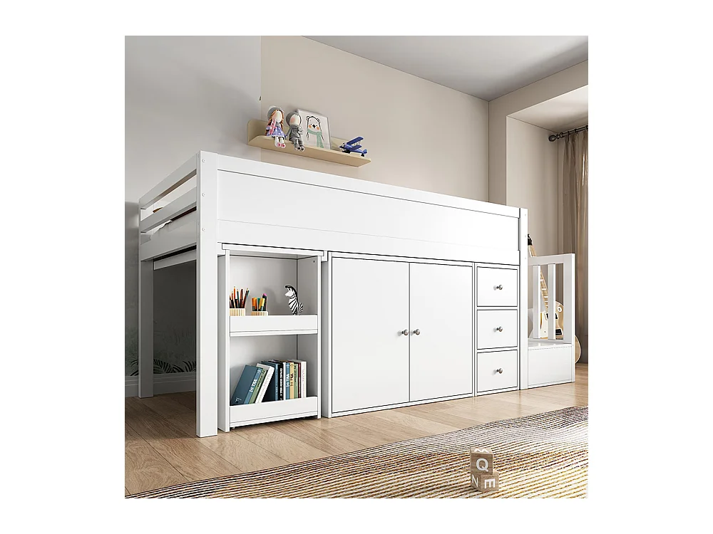 Lit enfant combiné 90x200 cm avec bureau coulissant rangements latéraux armoire tiroirs et escalier intégré MDF Blanc