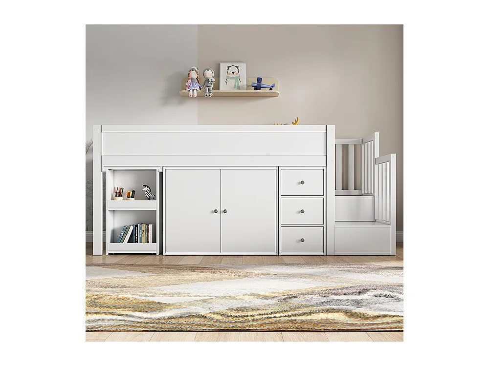 Lit enfant combiné 90x200 cm avec bureau coulissant rangements latéraux armoire tiroirs et escalier intégré MDF Blanc