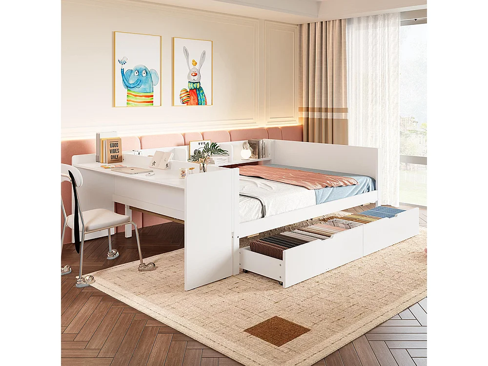 Lit avec tiroir Lit combiné 140x200 cm avec bureau équipé de 2 tiroirs lit double avec étagères pin+panneau de particules Blanc