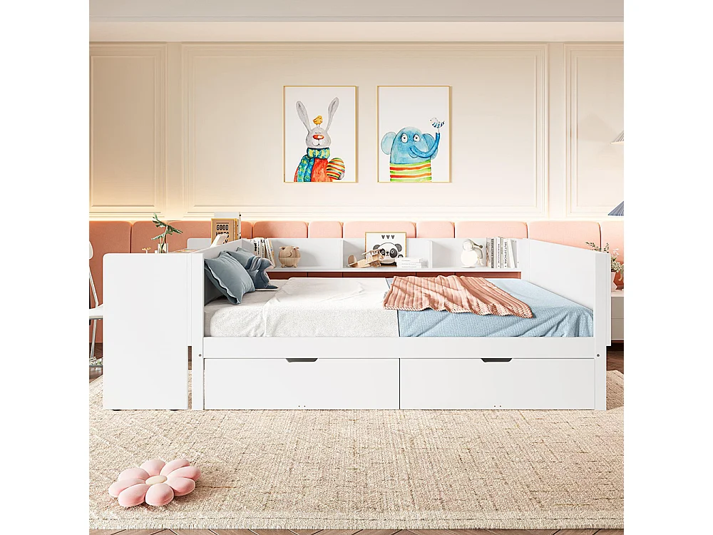 Lit avec tiroir Lit combiné 140x200 cm avec bureau équipé de 2 tiroirs lit double avec étagères pin+panneau de particules Blanc