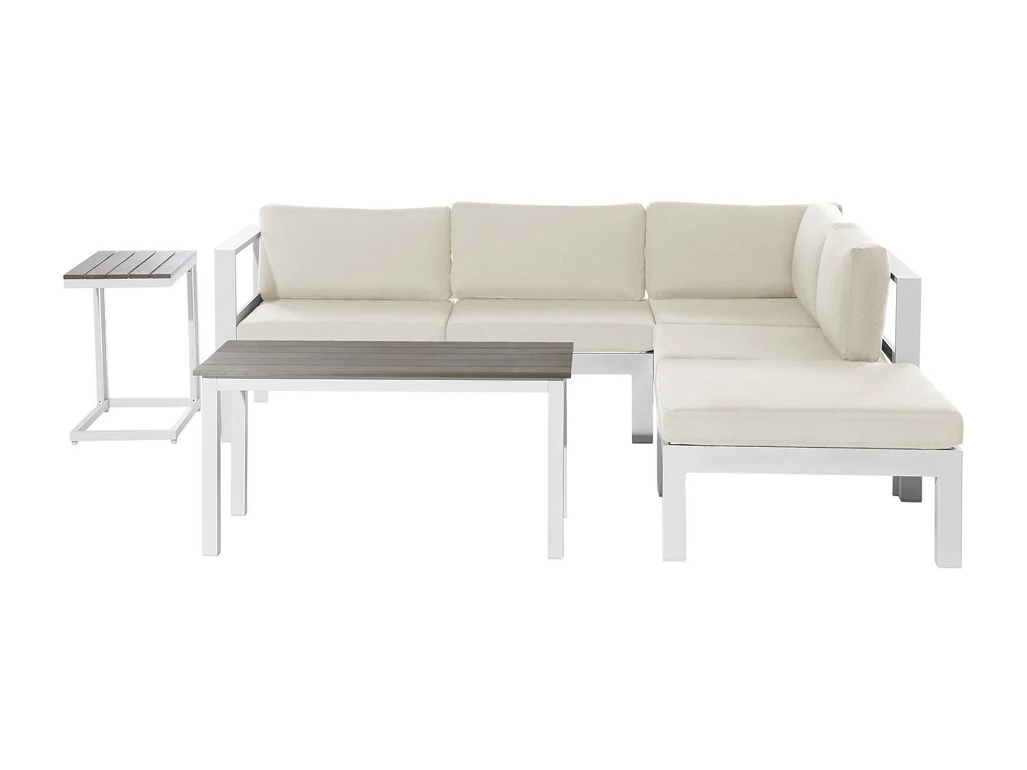 Lounge Set weiß Kunstholz Ecksofa mit Auflagen beige 2 Couchtische Messina
