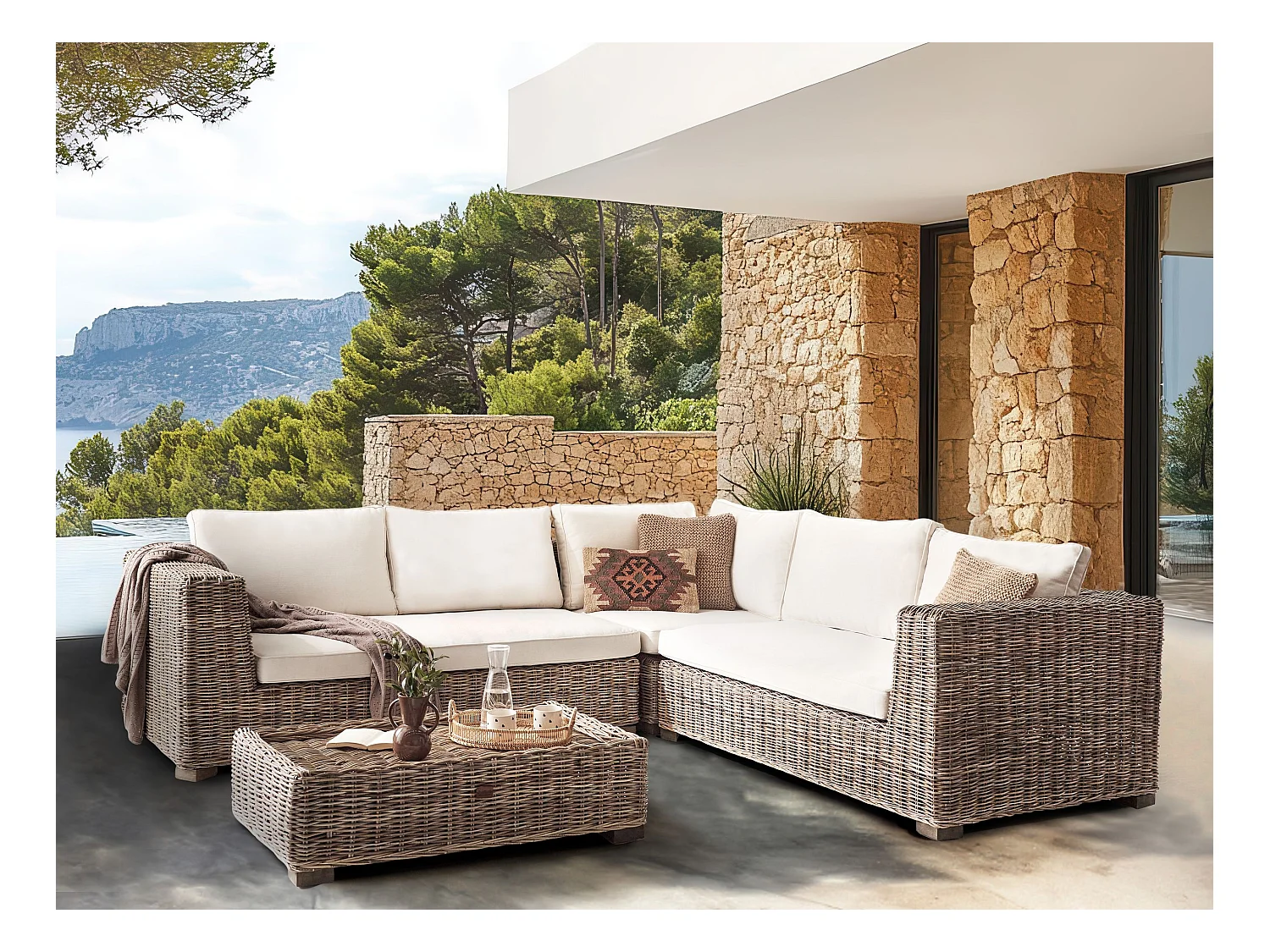 Canapé d'angle de jardin avec ottoman 5 places RINELLA Rotin Gris