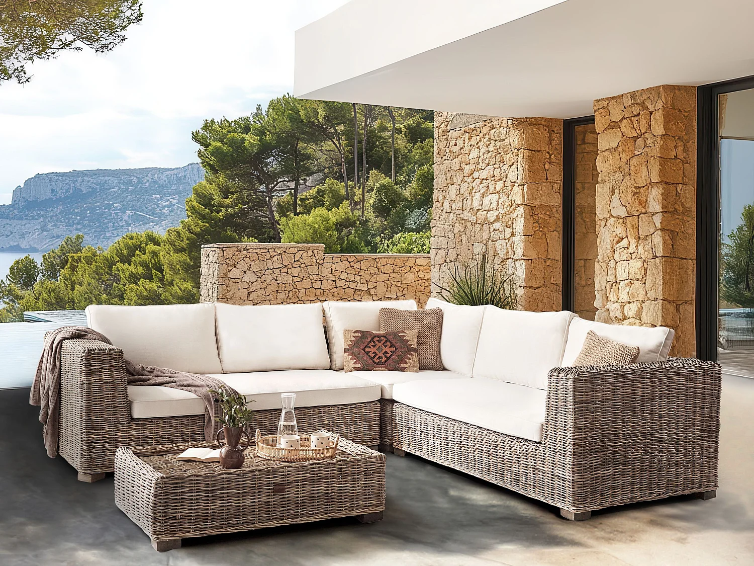 Canapé d'angle de jardin avec ottoman 5 places RINELLA Rotin Gris