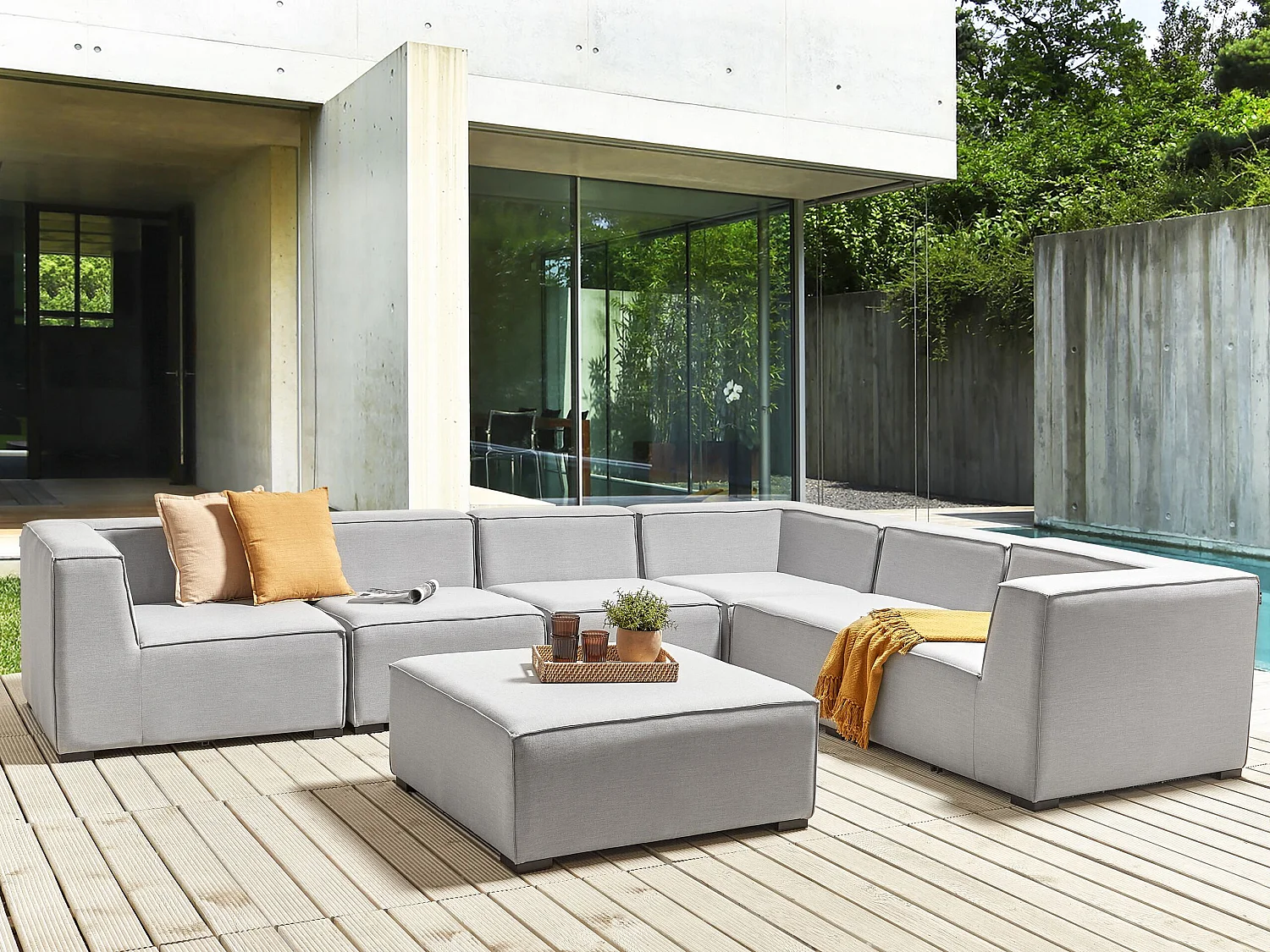 Canapé d'angle de jardin avec ottoman 7 places AREZZO Côté droite Gris clair