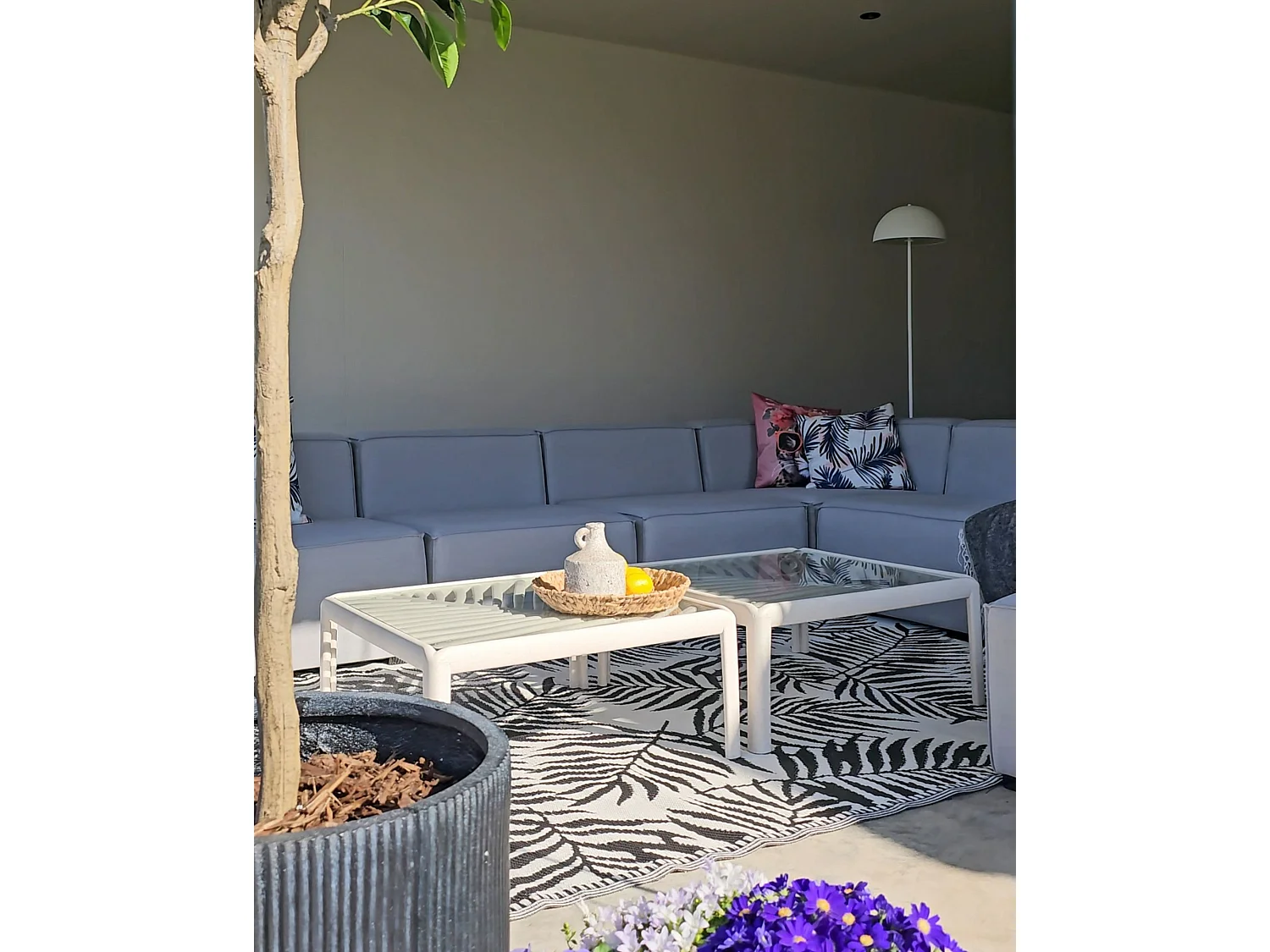 Garden Corner Sofa with Ottoman 7 Seater AREZZO Left Hand Light Grey Modular