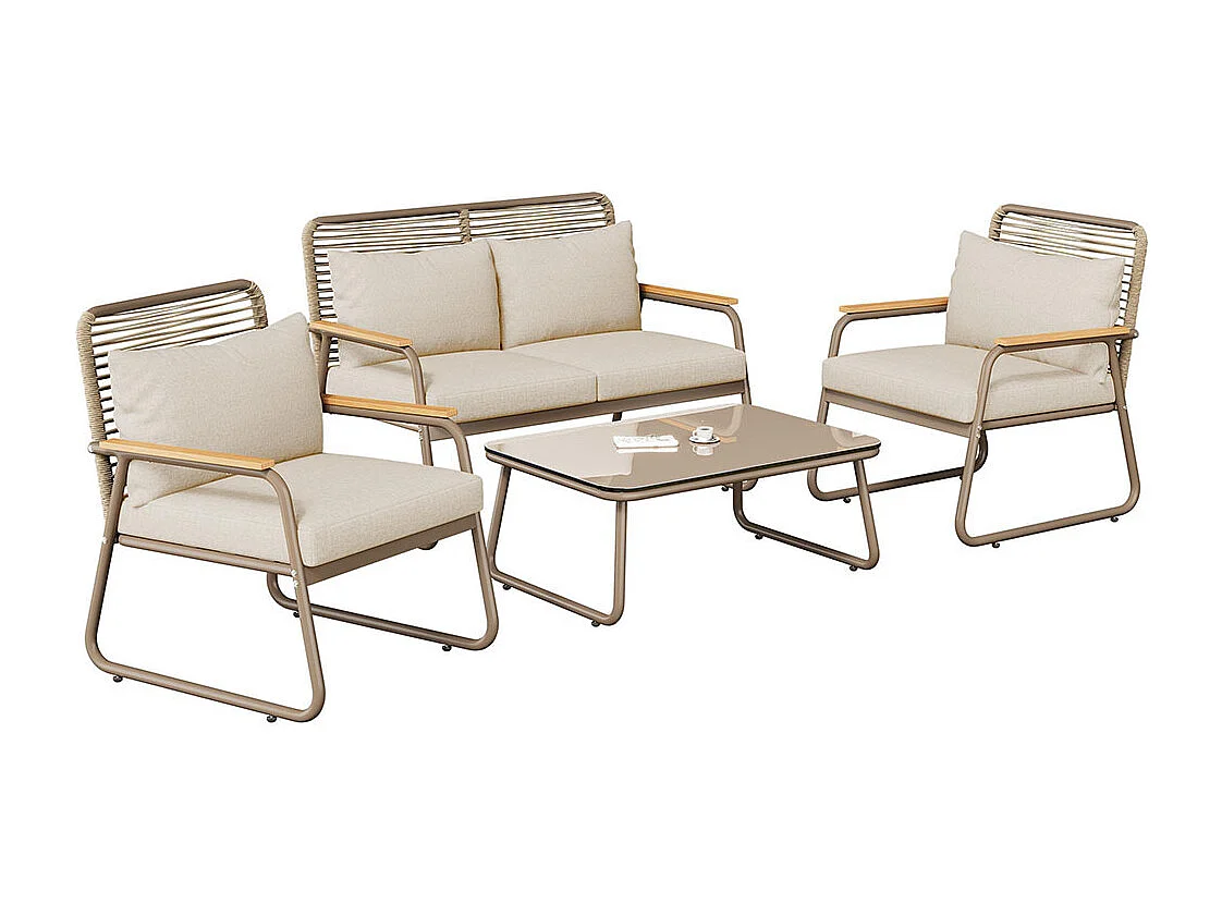 Ensemble de jardin 4 places fer galvanisé plateau de table en verre trempé pieds réglables tous les coussins d'assise inclus beige