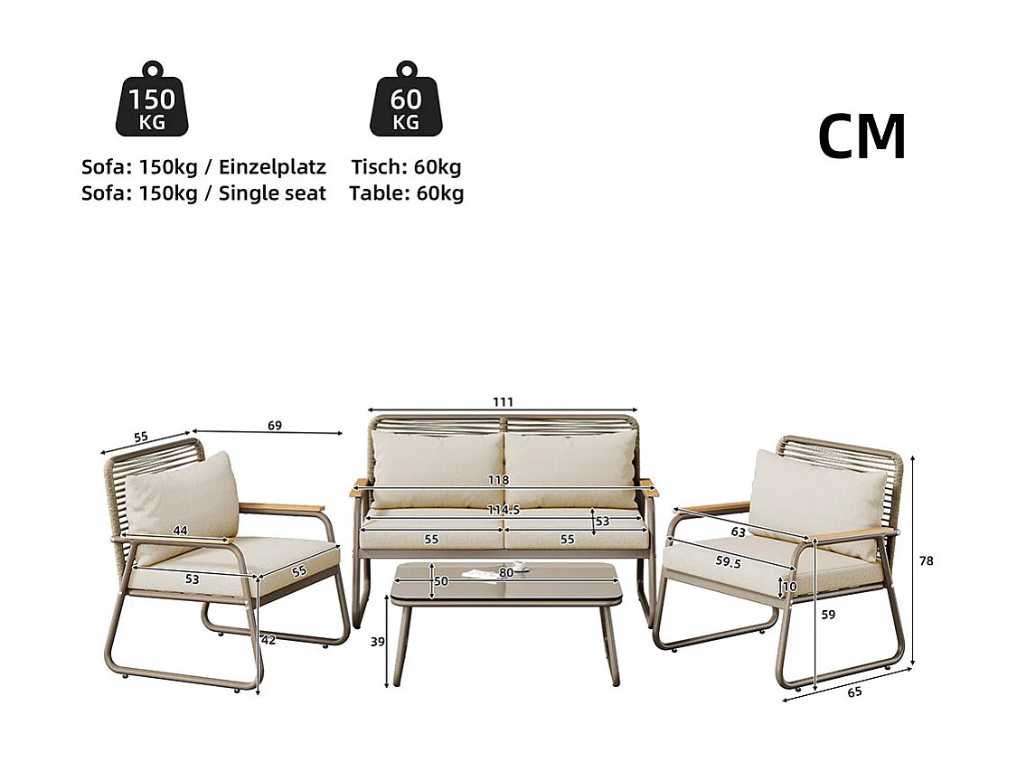 Ensemble de jardin 4 places fer galvanisé plateau de table en verre trempé pieds réglables tous les coussins d'assise inclus beige
