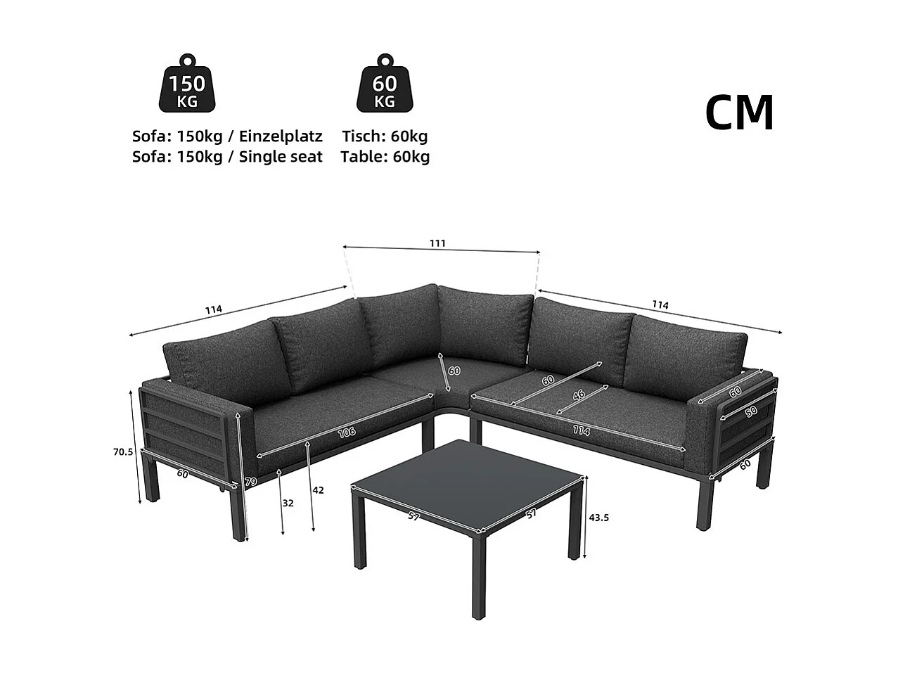Ensemble de jardin 4-5 places 1 table basse en verre trempé structure en fer galvanisé coussins gris pieds réglables