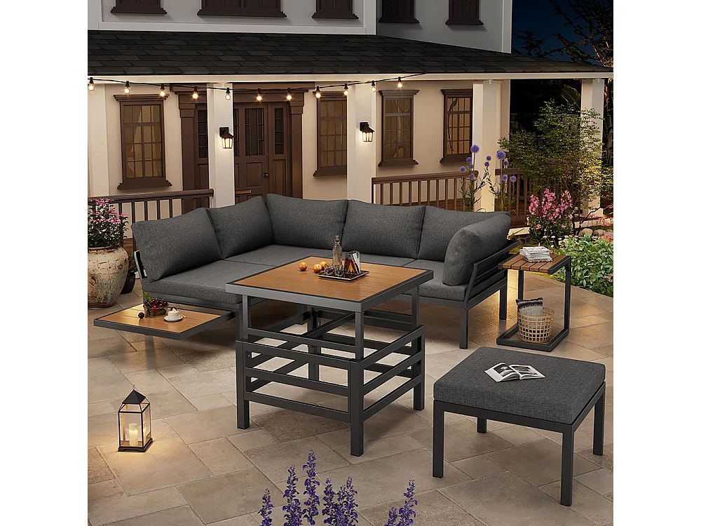 Ensemble jardin 2 canapés doubles et 1 pouf et 1 table élévatrice plastique + fer galvanisé et table d'appoint Gris