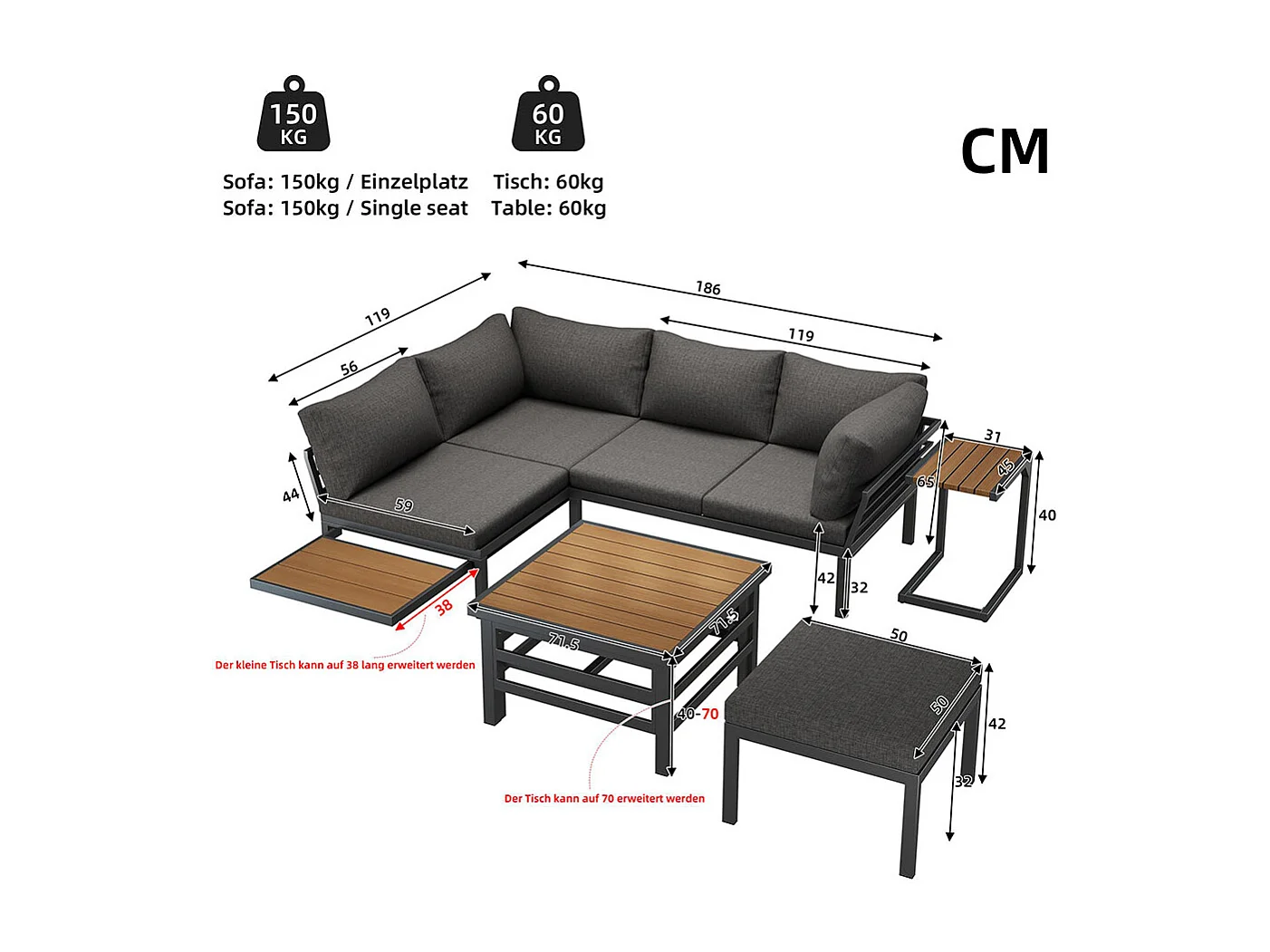 Ensemble jardin 2 canapés doubles et 1 pouf et 1 table élévatrice plastique + fer galvanisé et table d'appoint Gris