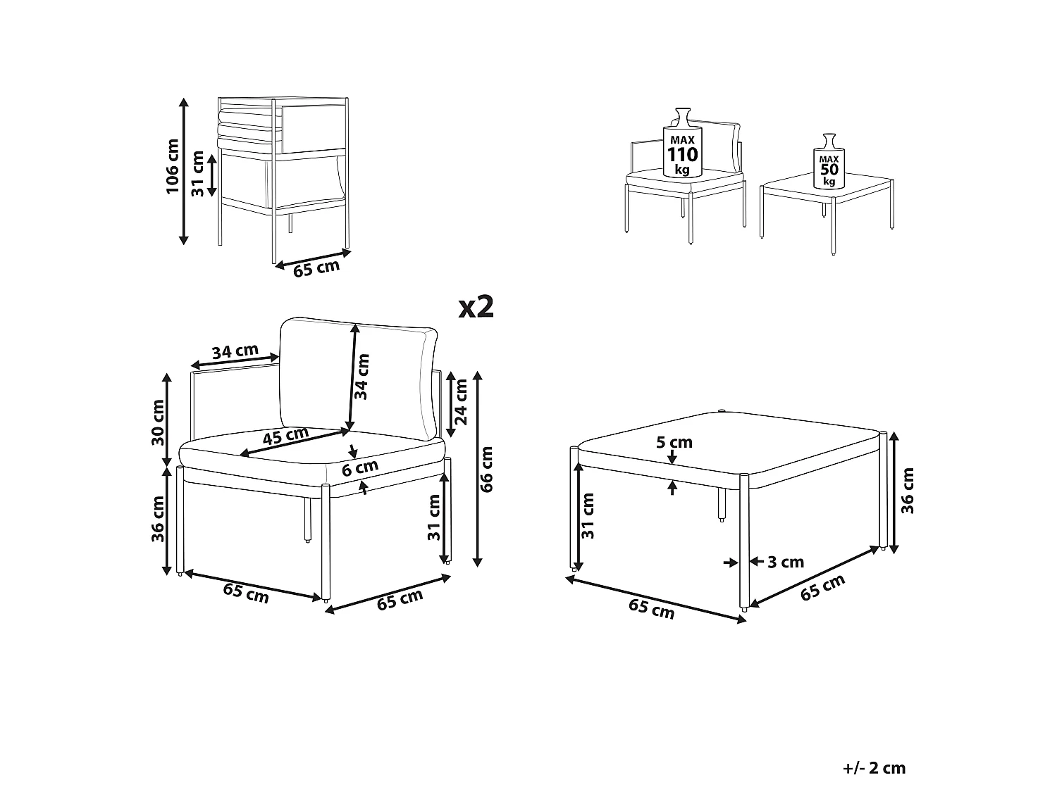 Lounge Set mit Tisch 2-Sitzer TERRACINA Metall Hellgrau