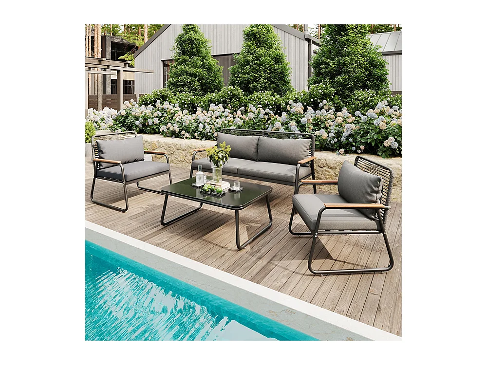 Ensemble de jardin 4 places fer galvanisé plateau de table en verre trempé pieds réglables tous les coussins d'assise inclus GRIS C