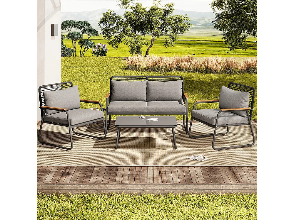 Ensemble de jardin 4 places fer galvanisé plateau de table en verre trempé pieds réglables tous les coussins d'assise inclus GRIS C