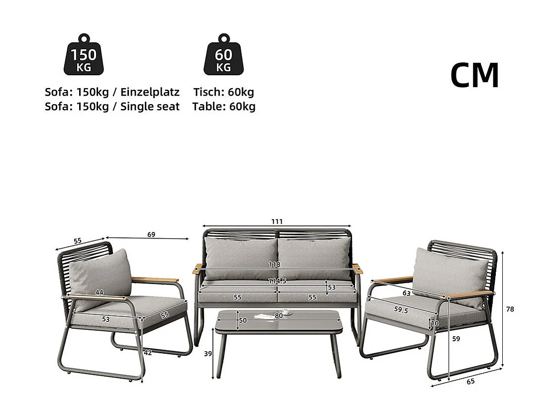Ensemble de jardin 4 places fer galvanisé plateau de table en verre trempé pieds réglables tous les coussins d'assise inclus GRIS C