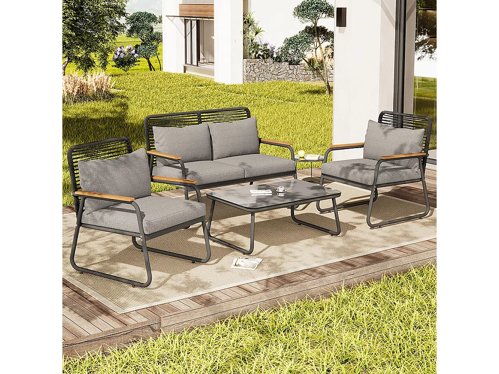 Ensemble de jardin 4 places fer galvanisé plateau de table en verre trempé pieds réglables tous les coussins d'assise inclus GRIS C