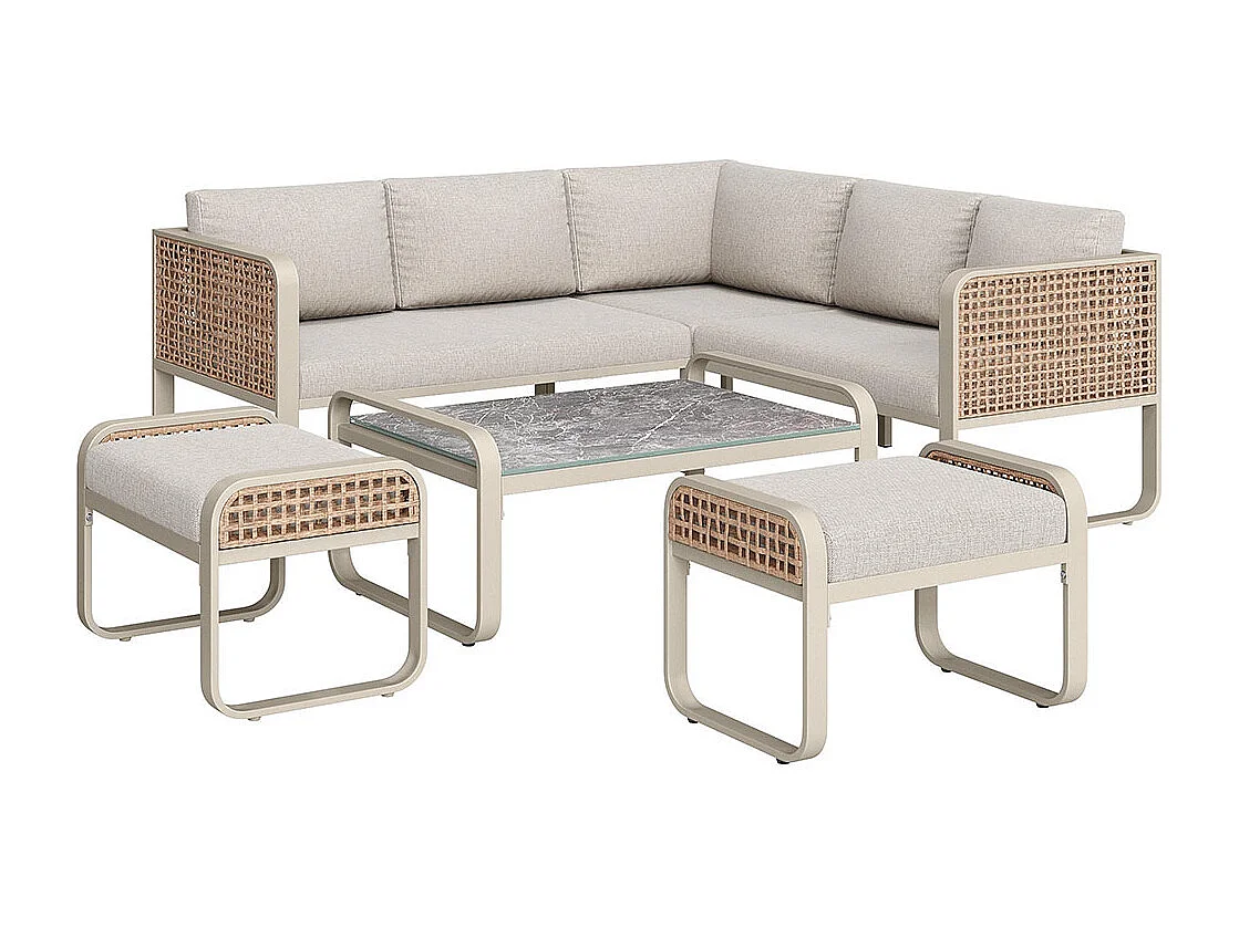 Ensemble de jardin en rotin 6-7 places canapé angle pieds réglables tous les coussins d'assise et de dossier inclus beige