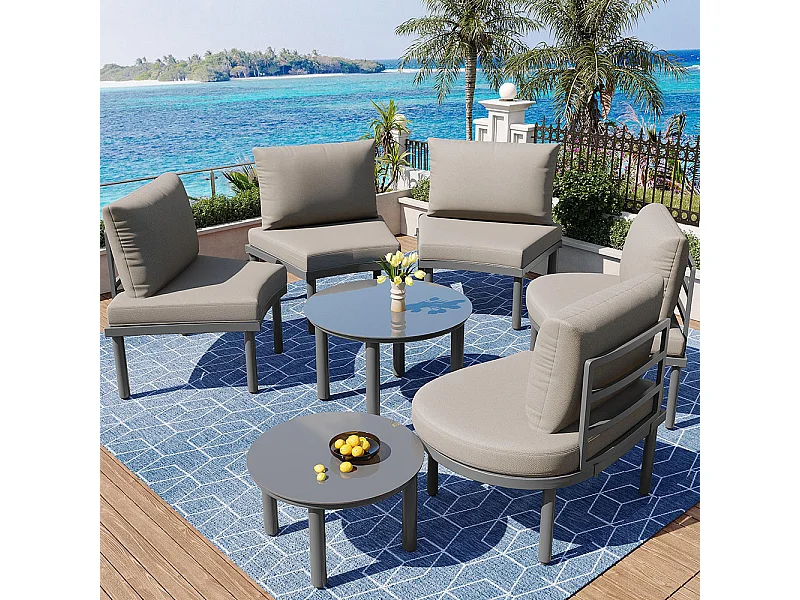 Ensemble de jardin 5 places avec 2 tables basses en verre trempé avec coussins d'assise et oreillers gris pieds réglables