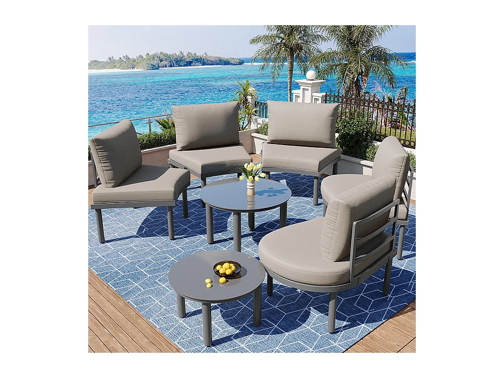 Ensemble de jardin 5 places avec 2 tables basses en verre trempé avec coussins d'assise et oreillers gris pieds réglables