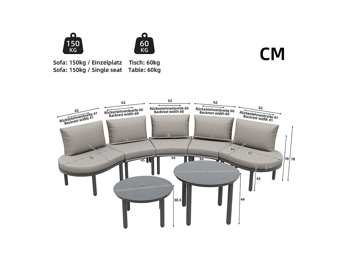 Ensemble de jardin 5 places avec 2 tables basses en verre trempé avec coussins d'assise et oreillers gris pieds réglables