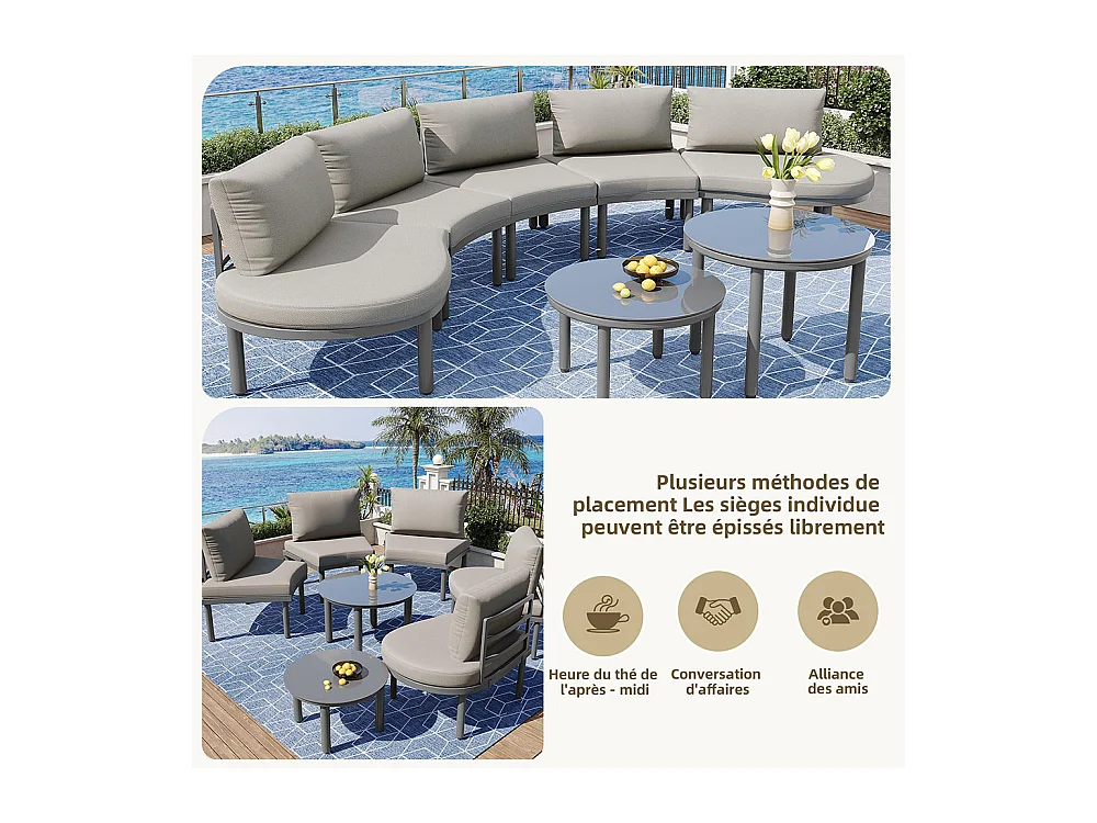 Ensemble de jardin 5 places avec 2 tables basses en verre trempé avec coussins d'assise et oreillers gris pieds réglables