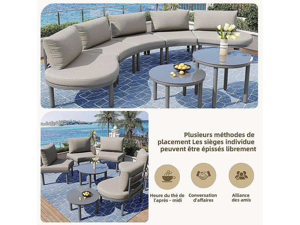 Ensemble de jardin 5 places avec 2 tables basses en verre trempé avec coussins d'assise et oreillers gris pieds réglables