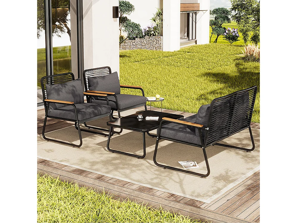 Ensemble de jardin 4 places fer galvanisé plateau de table en verre trempé pieds réglables tous les coussins d'assise inclus GRIS F