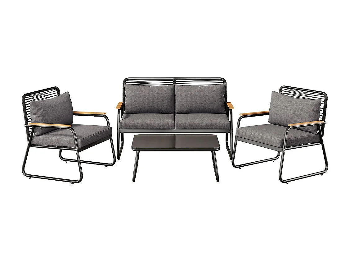 Ensemble de jardin 4 places fer galvanisé plateau de table en verre trempé pieds réglables tous les coussins d'assise inclus GRIS F