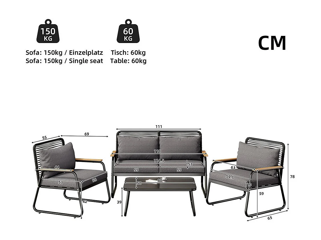 Ensemble de jardin 4 places fer galvanisé plateau de table en verre trempé pieds réglables tous les coussins d'assise inclus GRIS F