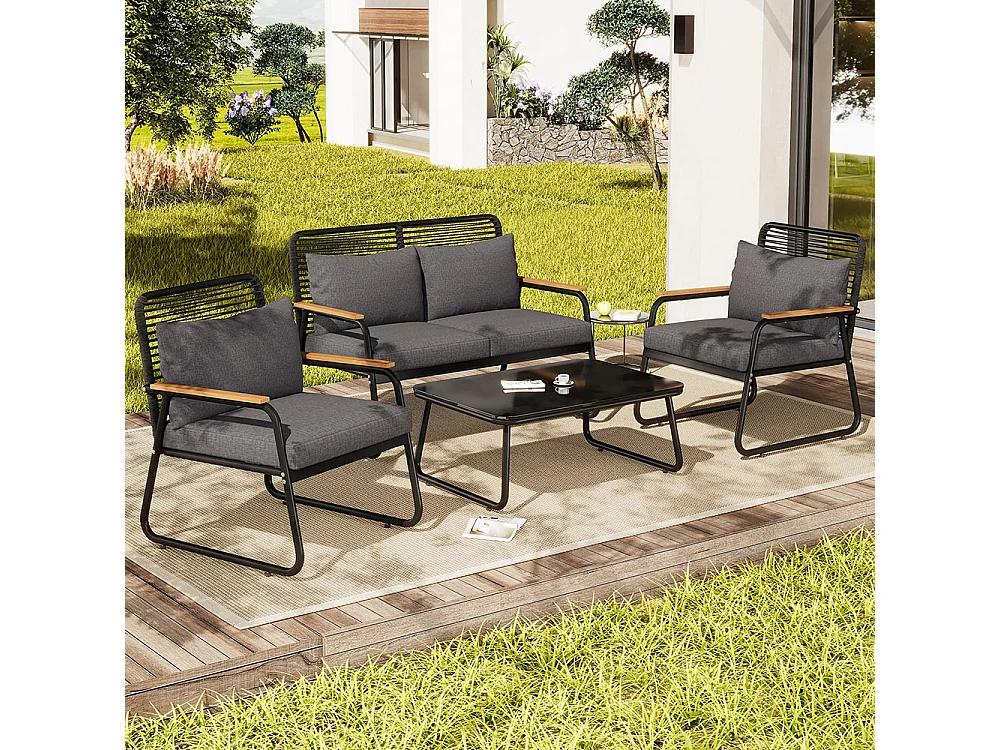 Ensemble de jardin 4 places fer galvanisé plateau de table en verre trempé pieds réglables tous les coussins d'assise inclus GRIS F