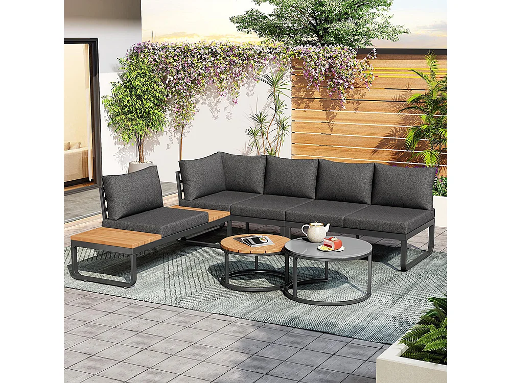Ensemble jardin (4-5 places) 2 tables basses empilables pieds réglables structure en fer galvanisé coussins gris inclus