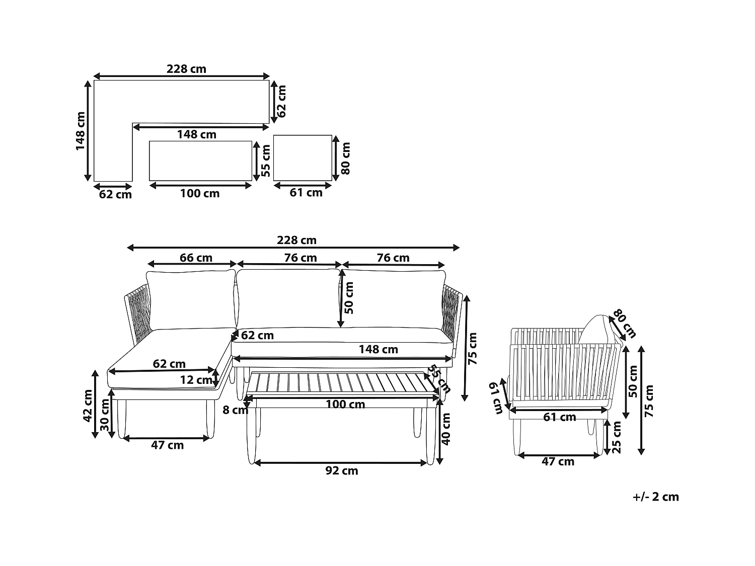 Ensemble de salon de jardin avec table 4 places CREMONA Côté droit Acacia Blanc cassé