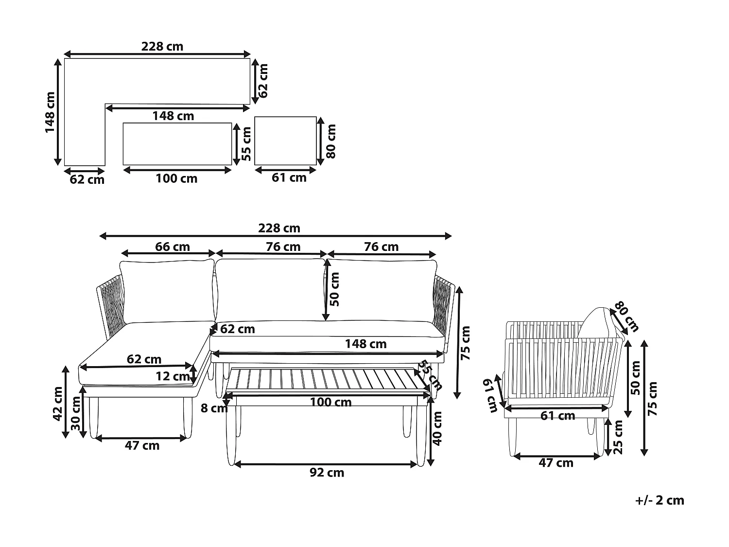 Ensemble de salon de jardin avec table 4 places CREMONA Côté droit Acacia Blanc cassé